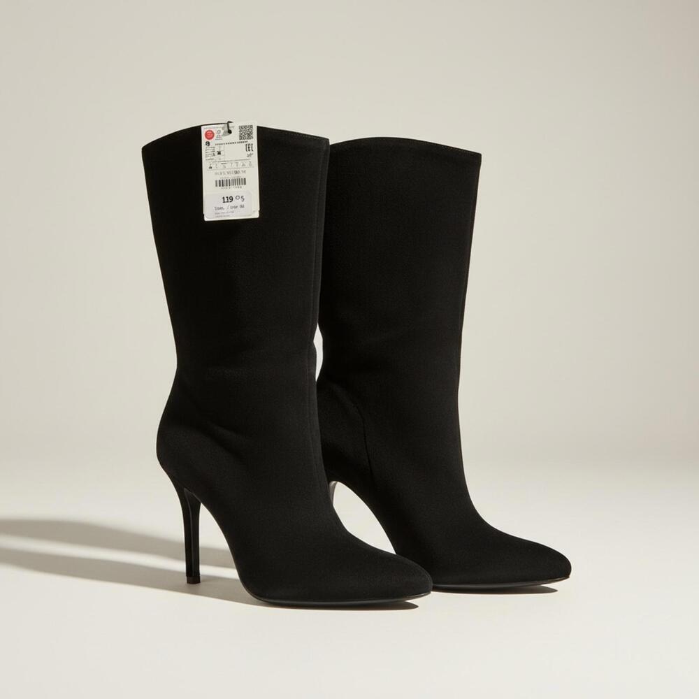 NWT Zara Black Suede Sock Boots Pointed Toe Stiletto Heel 4” Mid Calf EU 40/US 9